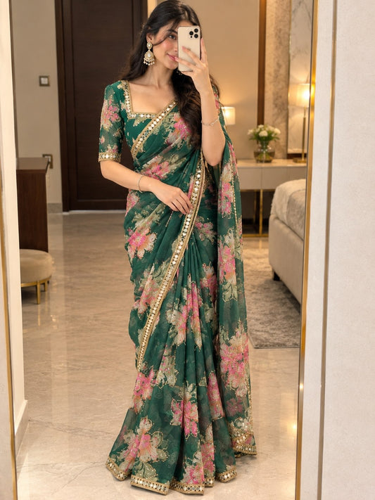 Premium Tabby Silk Embellished With Beautiful Print Saree