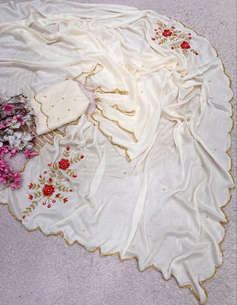 Soft Rangoli karsh cover with three layer cutdana saree