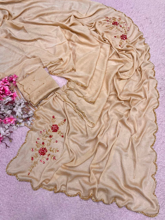 Soft Rangoli karsh cover with three layer cutdana saree