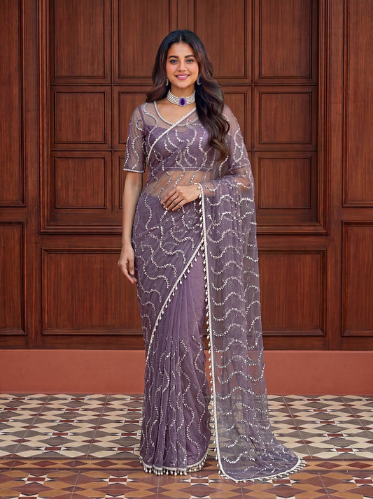 Net Bidds sequence pearls Embroidery Work Saree