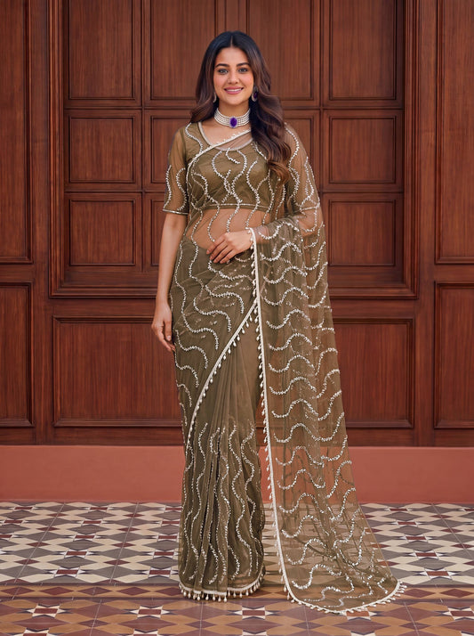 Net Bidds sequence pearls Embroidery Work Saree