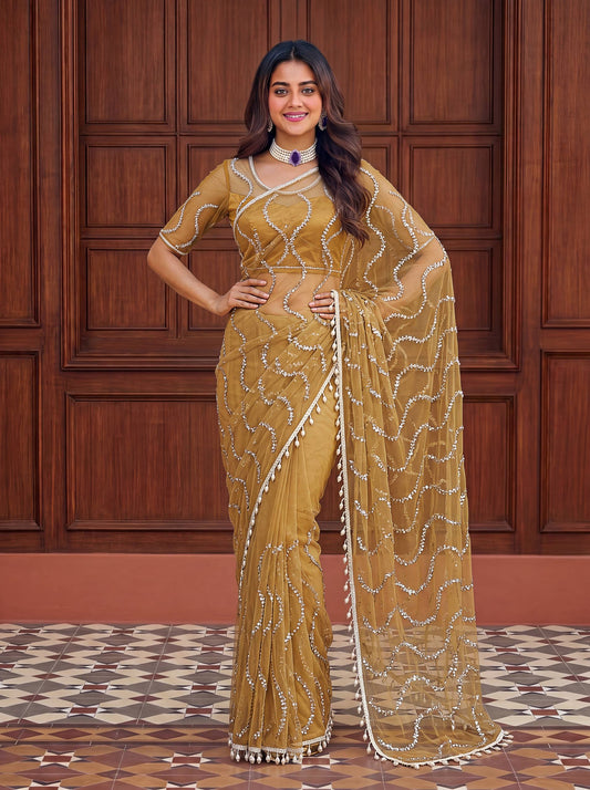 Net Bidds sequence pearls Embroidery Work Saree