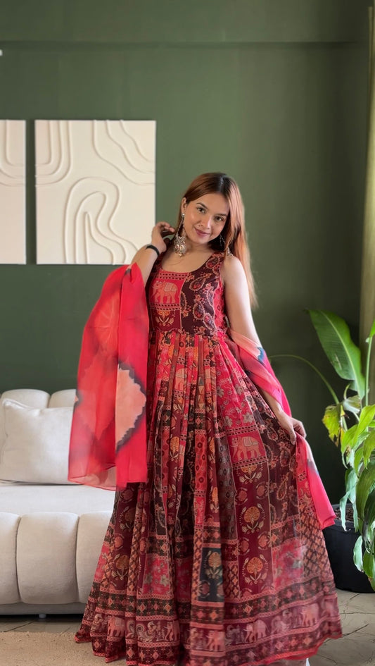 Elegant Patola printed festive gown with graceful flair