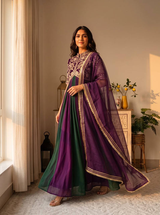 Pur Nc Moss Sillk With Embroidery Bids Work With Sleeve With Tassels