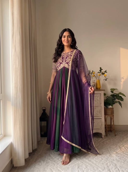 Pur Nc Moss Sillk With Embroidery Bids Work With Sleeve With Tassels