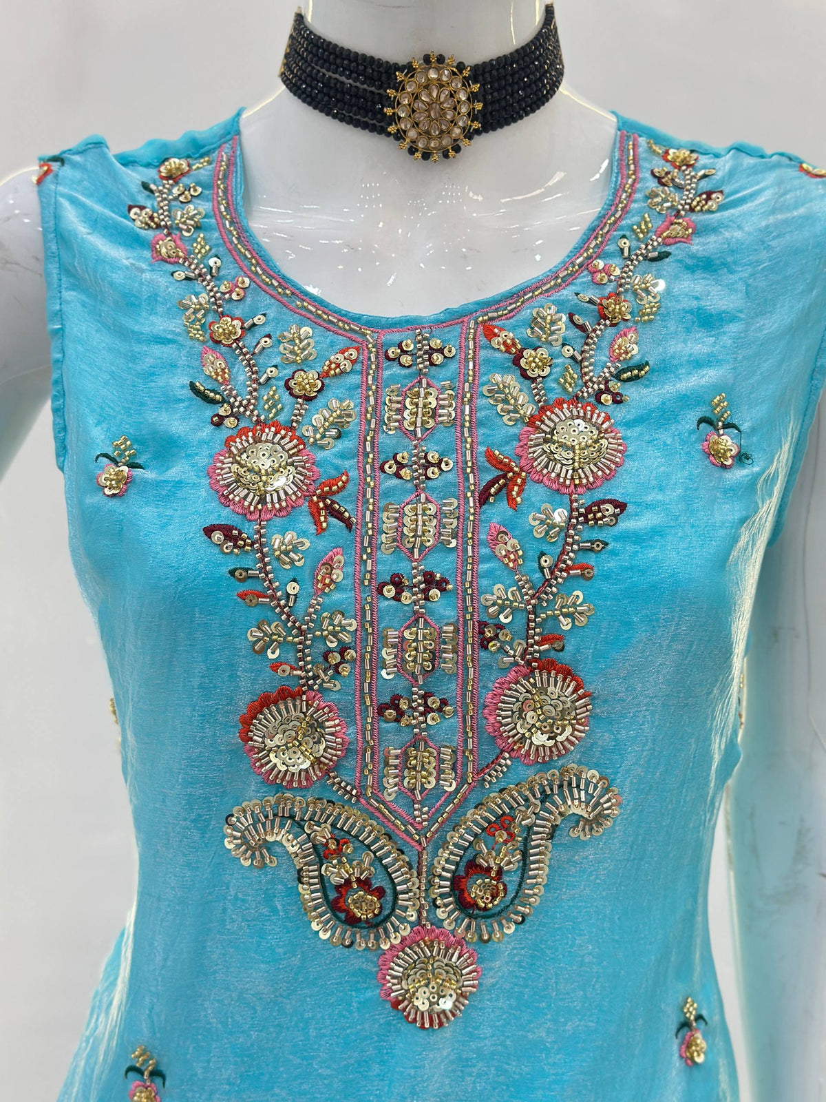 Fandy Silk Crap Bids Embroidery Sequence Treads Kurti