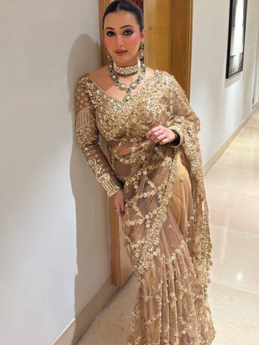 Soft net Beautiful sequins and Zari Embroidery Work saree