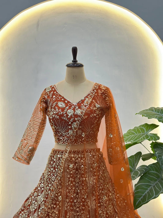 Butterfly Net Sequins and Codding Embroidery Work Lehenga