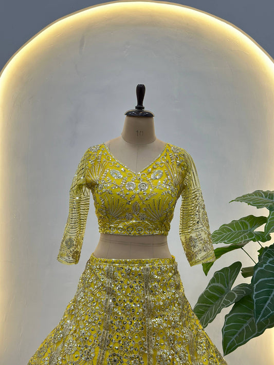 Butterfly Net Sequins and Codding Embroidery Work Lehenga