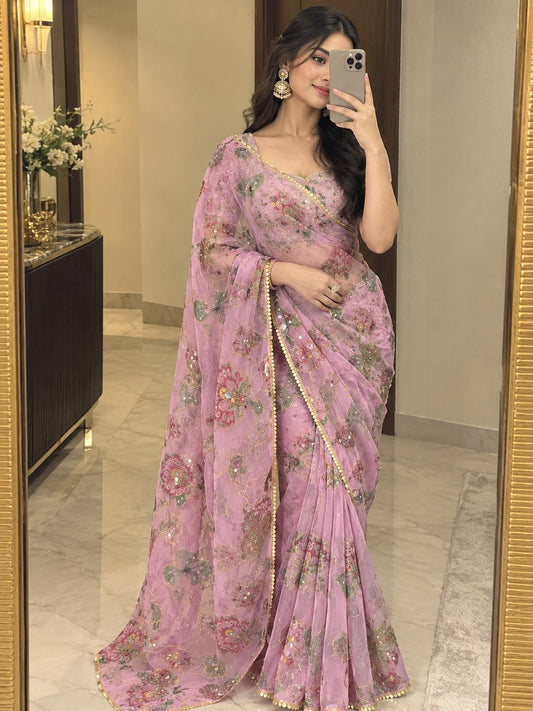 Premium Tabby Silk Embellished With Beautiful Print Saree
