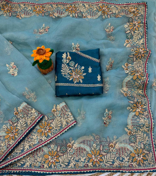 Premium soft zippy silk with c pallu multi thread and zari embroidery saree