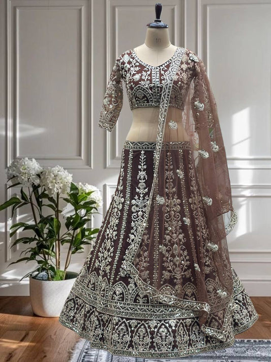 Butterfly Net Sequins and Codding Embroidery Work Lehenga