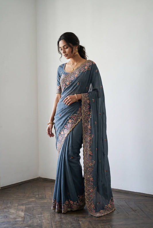 Designer Wedding Special Party Wear Soft NxC Moss chiffon saree