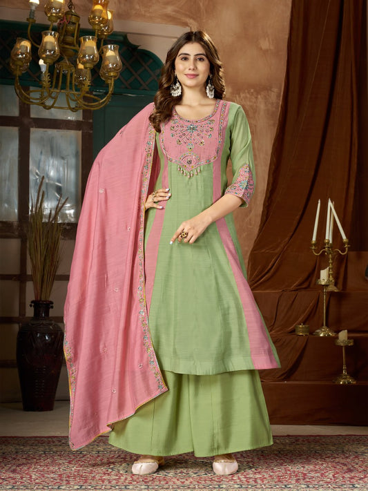 Mal Chanderi Multi Embroidery Thread With Real Hand Work Anarkali Kurti