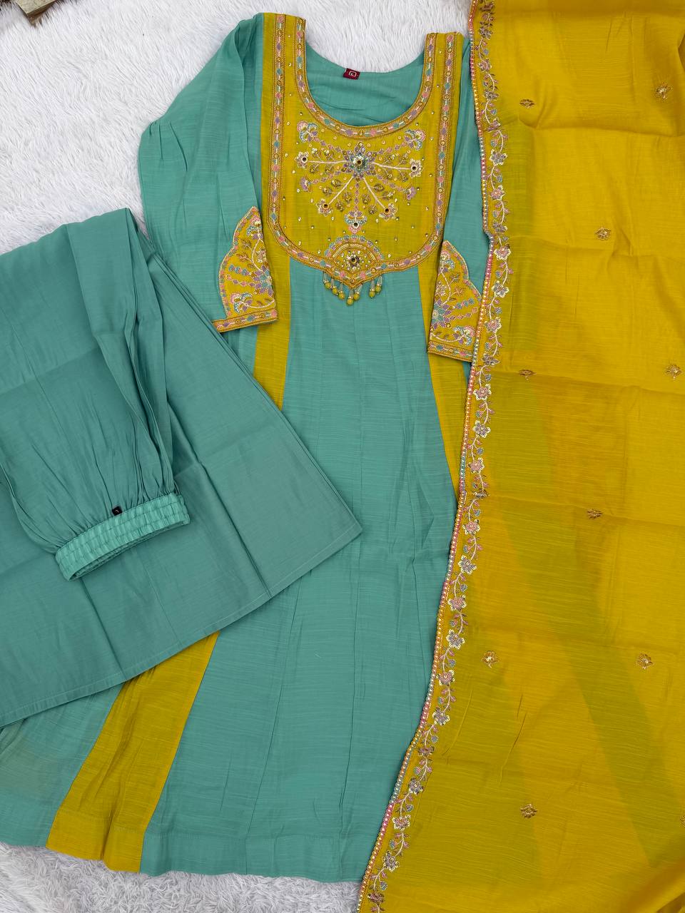 Mal Chanderi Multi Embroidery Thread With Real Hand Work Anarkali Kurti