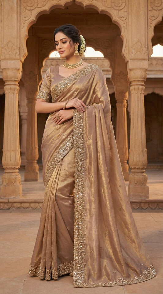 Pure Space Silk With Beautiful Original Gold Beeds Work Saree