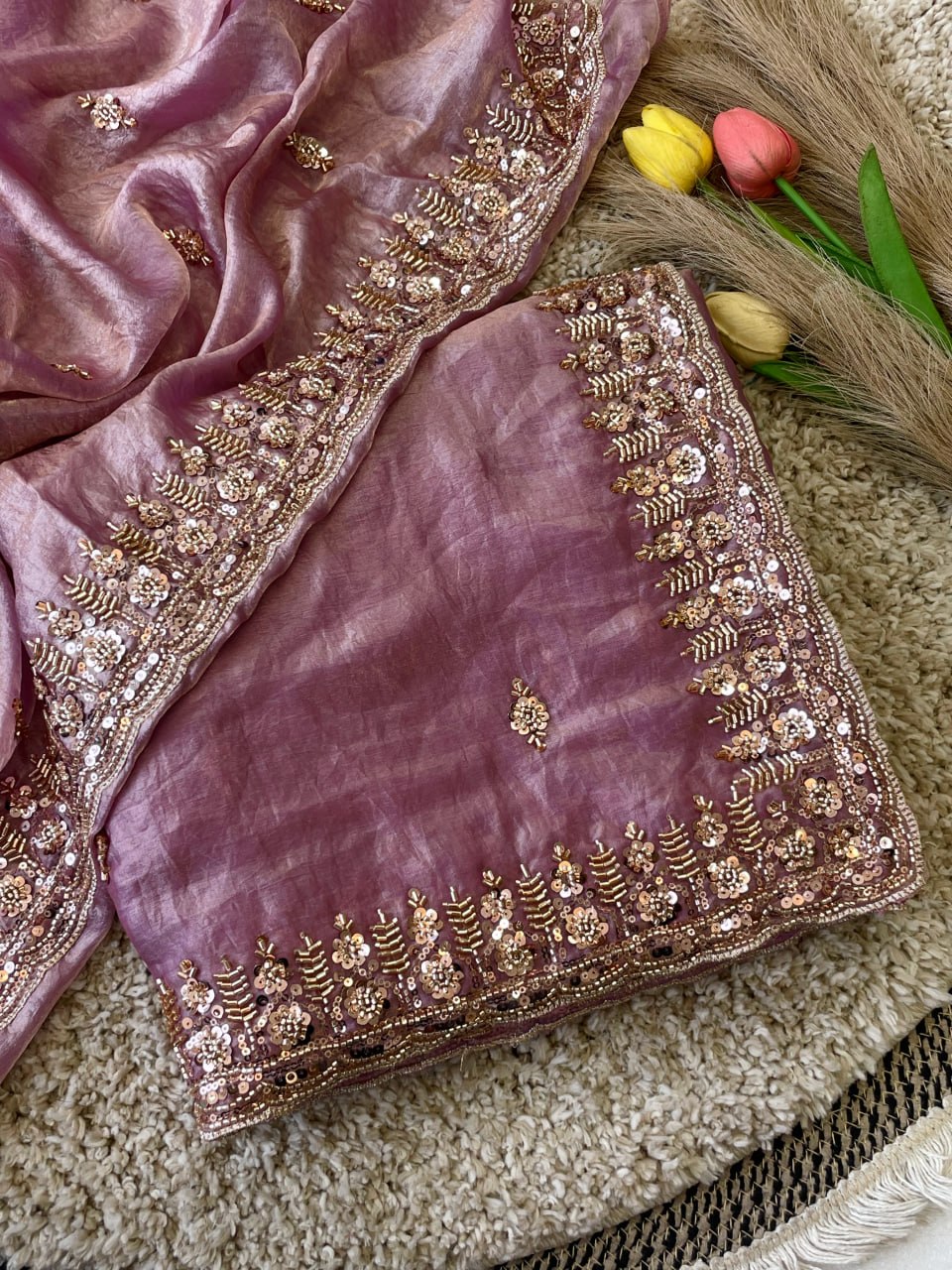 Pure Space Silk With Beautiful Original Gold Beeds Work Saree