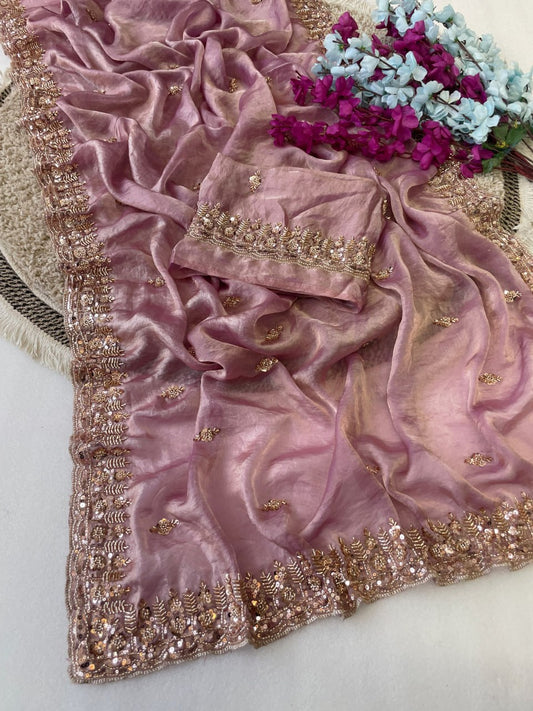 Pure Space Silk With Beautiful Original Gold Beeds Work Saree
