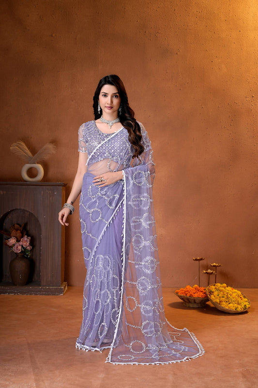 Net Bidds sequence pearls Embroidery Work Saree