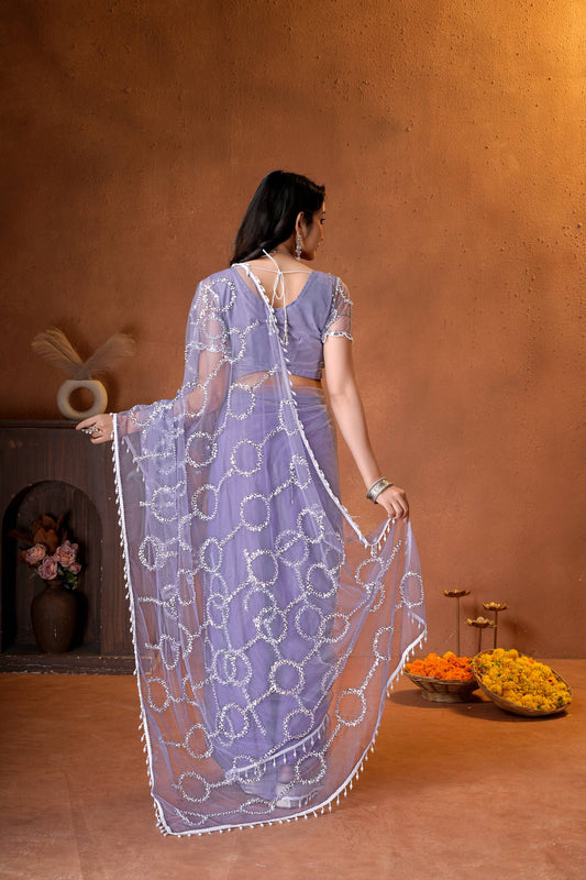 Net Bidds sequence pearls Embroidery Work Saree