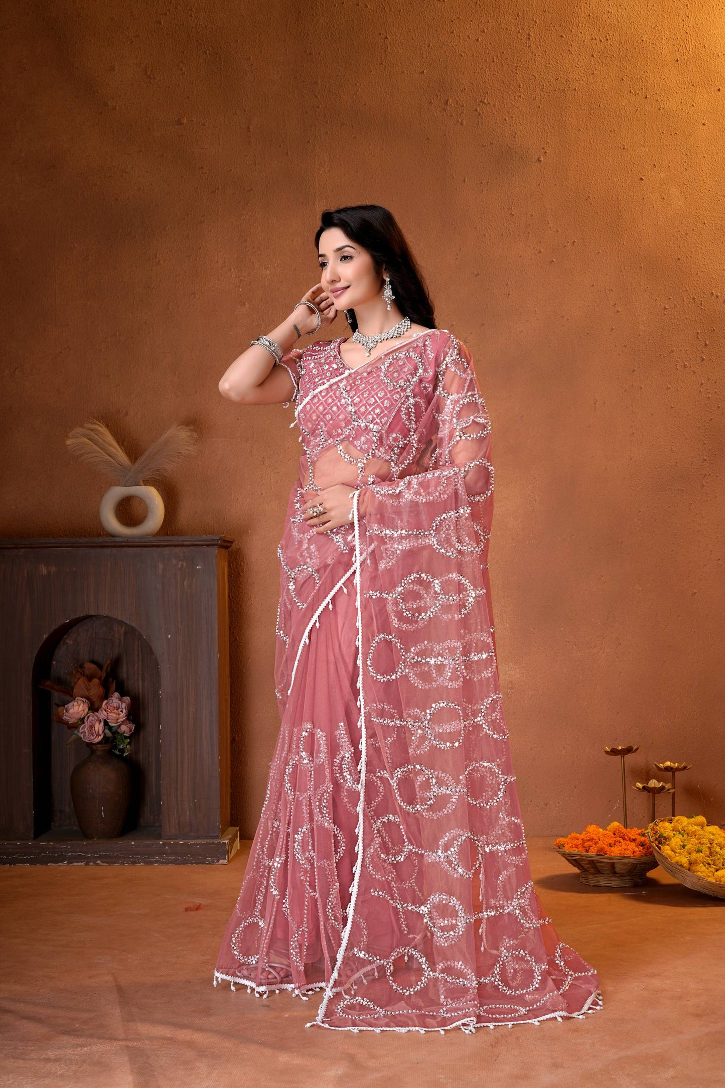 Net Bidds sequence pearls Embroidery Work Saree