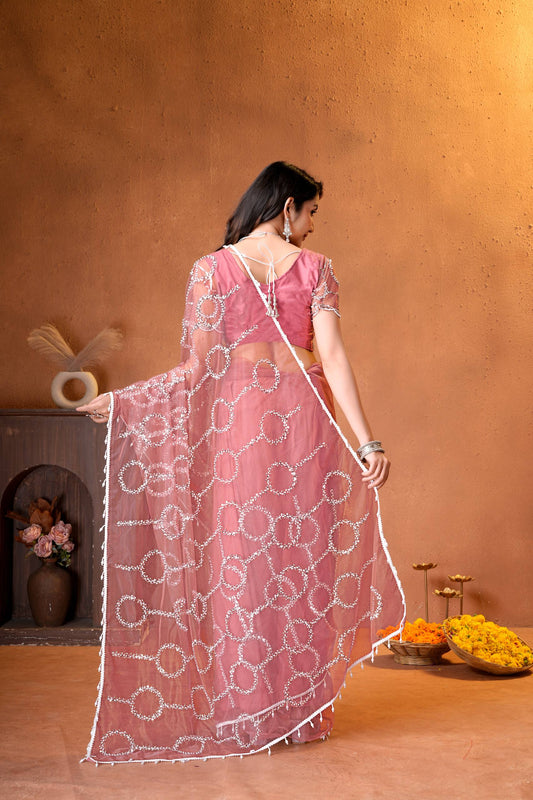 Net Bidds sequence pearls Embroidery Work Saree