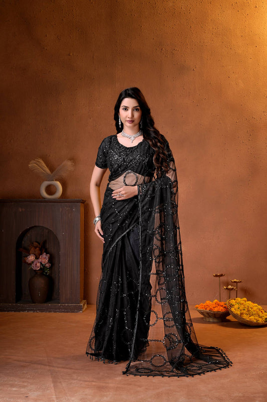 Net Bidds sequence pearls Embroidery Work Saree