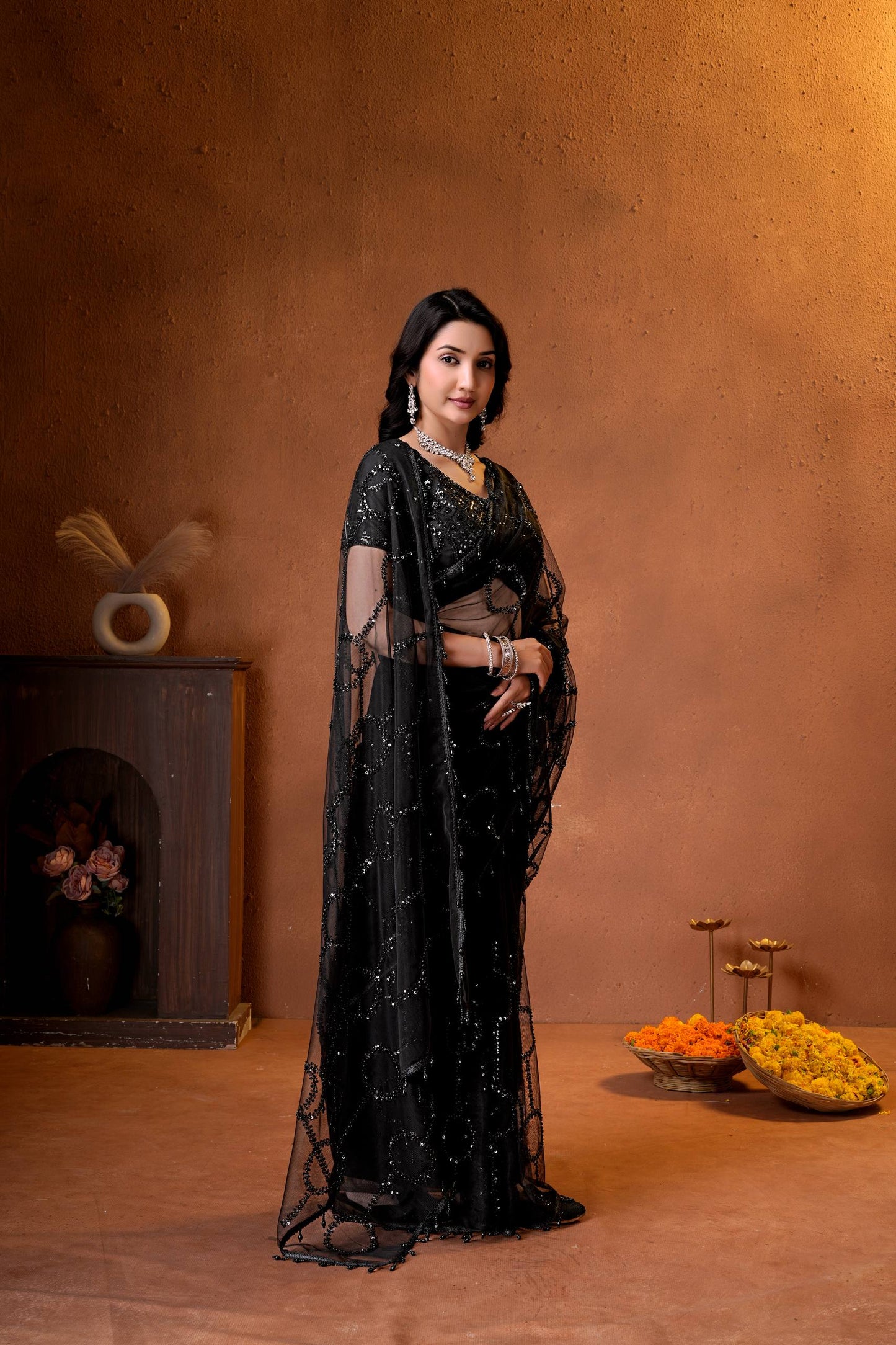 Net Bidds sequence pearls Embroidery Work Saree
