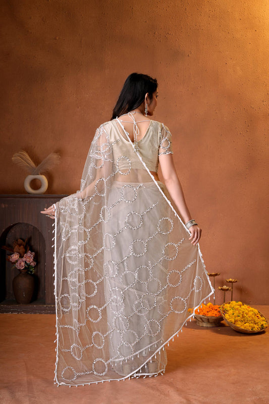 Net Bidds sequence pearls Embroidery Work Saree
