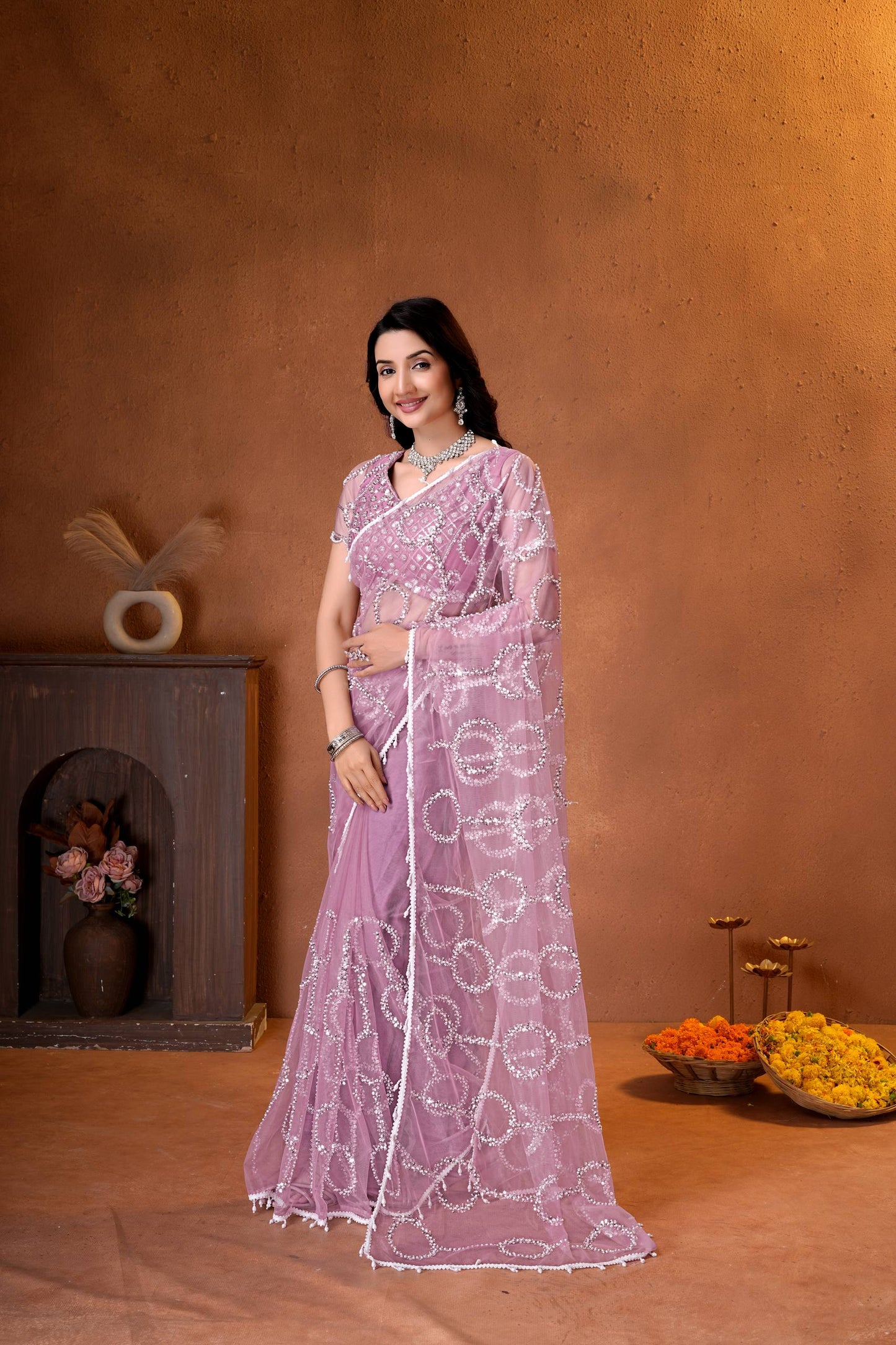 Net Bidds sequence pearls Embroidery Work Saree