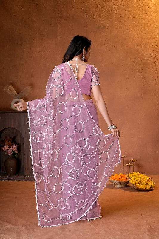 Net Bidds sequence pearls Embroidery Work Saree