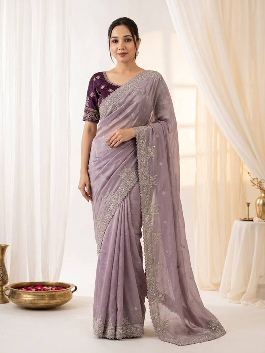 Pure Fandy satin material with c pallu embroidery work saree