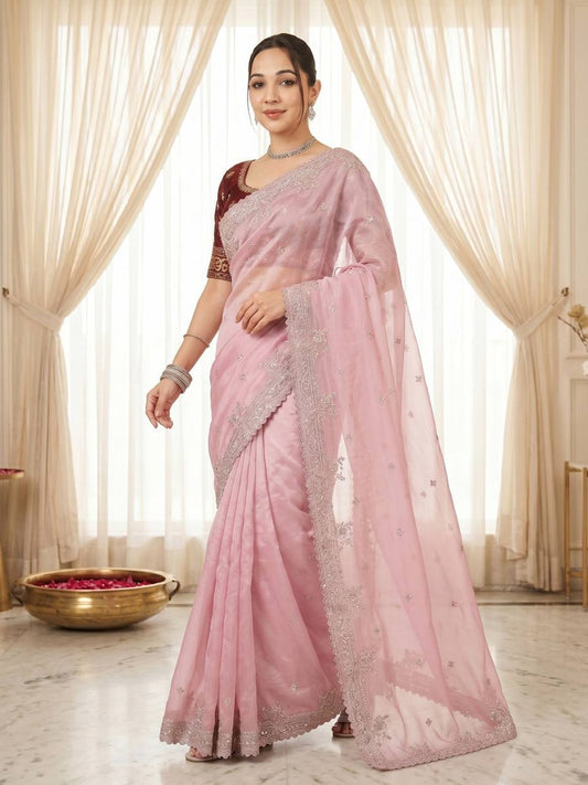 Pure Fandy satin material with c pallu embroidery work saree