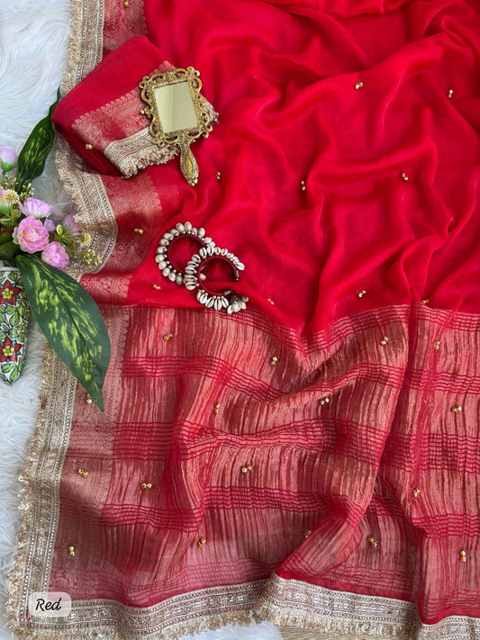 Pure soft Fendy chiffon Saree With Gungroo and Fancy lace Border