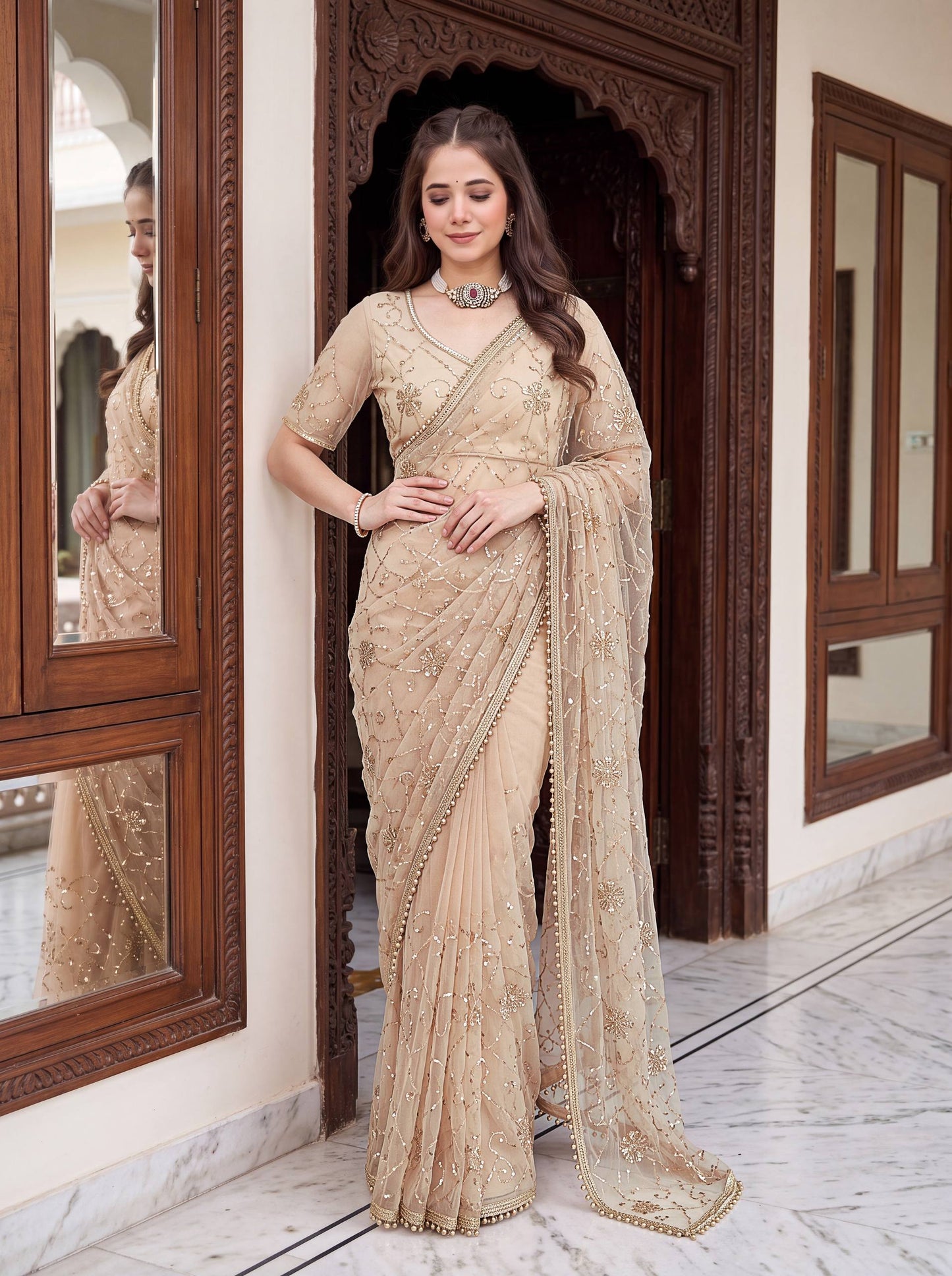 Net Bidds sequence pearls Embroidery Work Saree