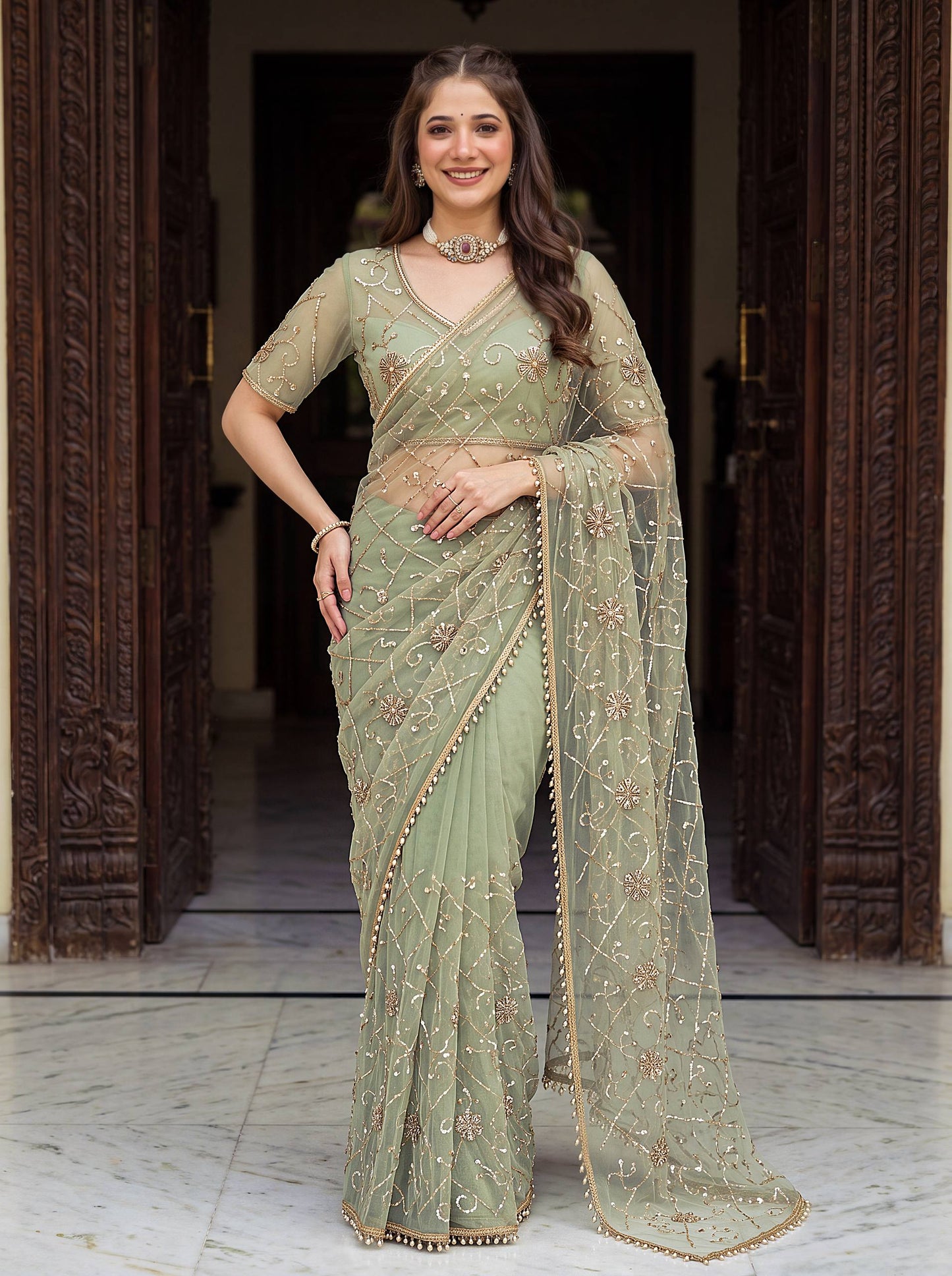 Net Bidds sequence pearls Embroidery Work Saree