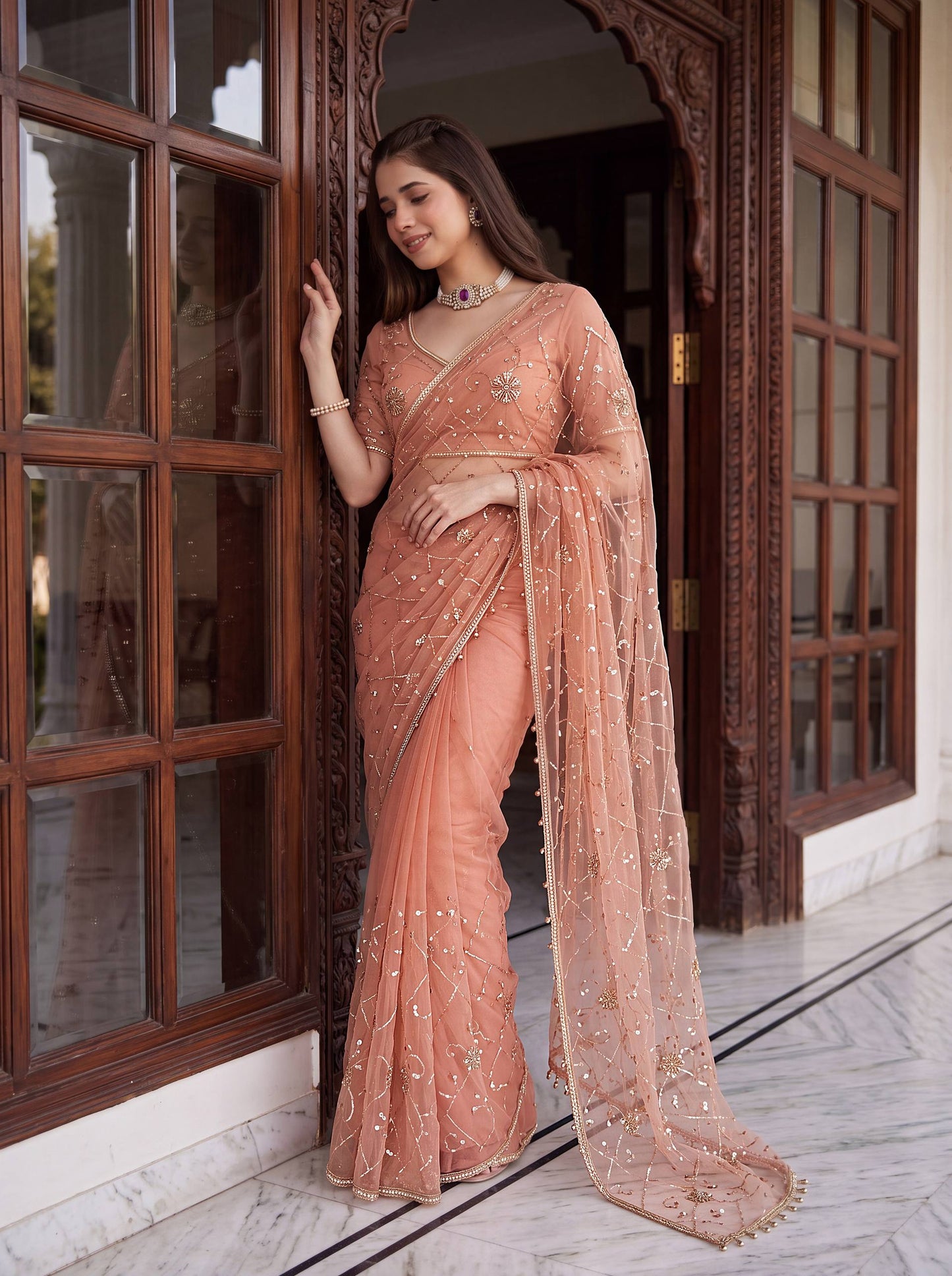 Net Bidds sequence pearls Embroidery Work Saree