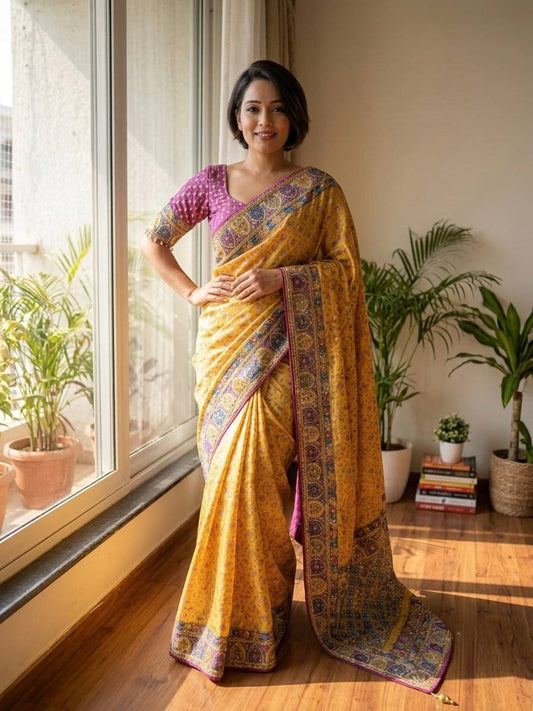 Soft Chinnon with beautiful print saree