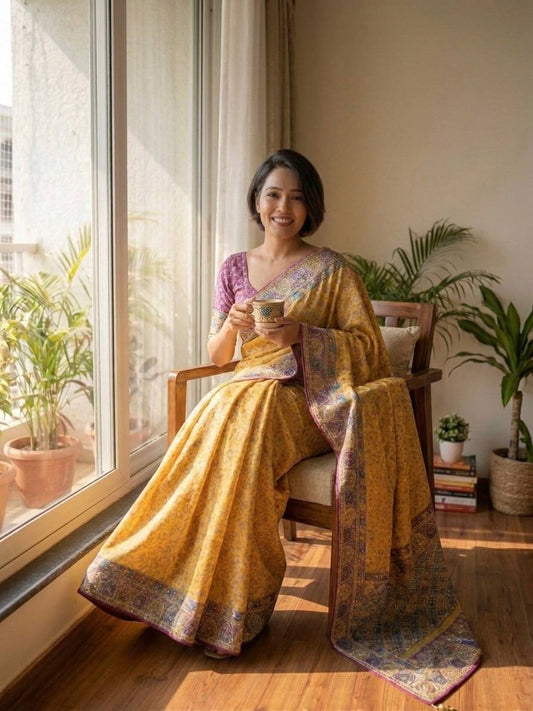 Soft Chinnon with beautiful print saree