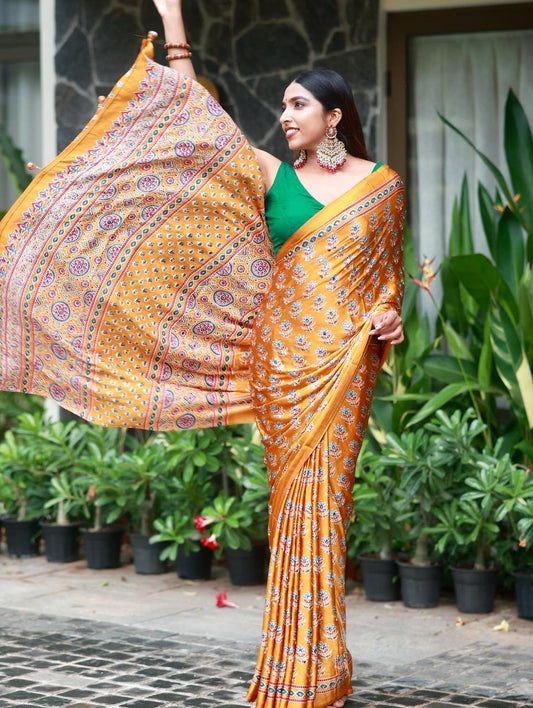 Beautiful Ajarakh print with Real mirror work saree