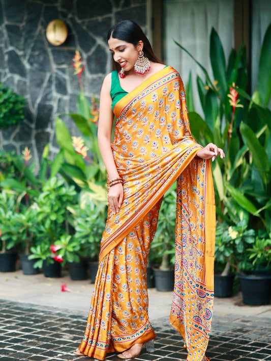 Beautiful Ajarakh print with Real mirror work saree