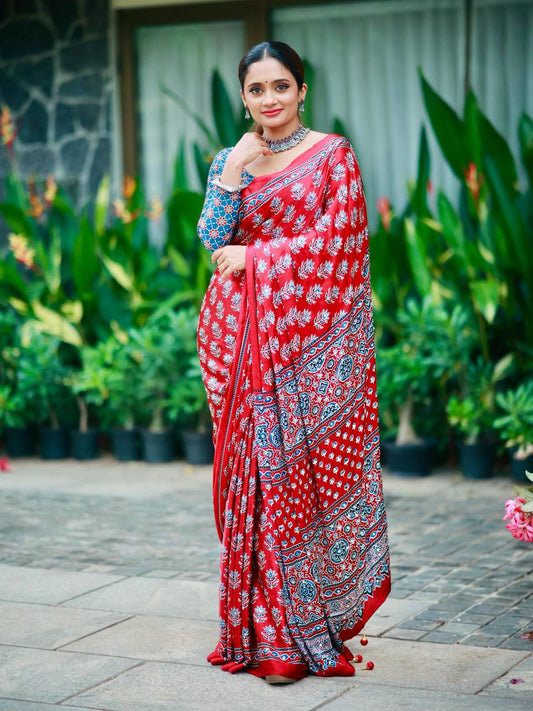 Beautiful Ajarakh print with Real mirror work saree