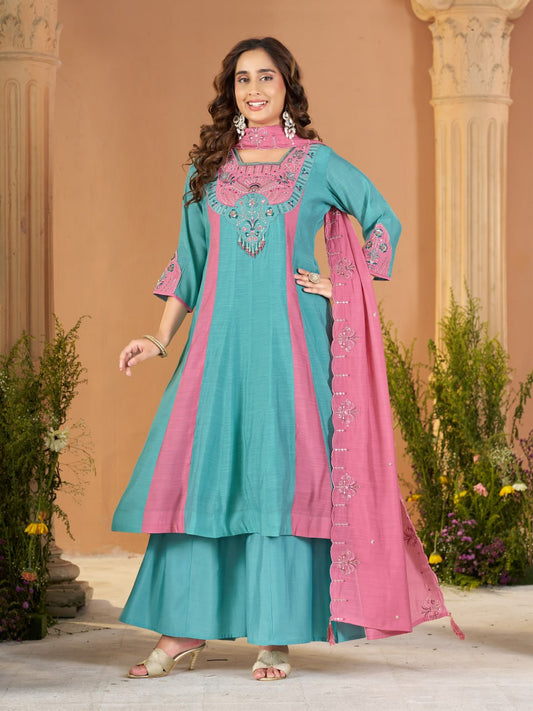 Mal Chanderi Multi Embroidery Thread With Real Hand Work Anarkali Kurti