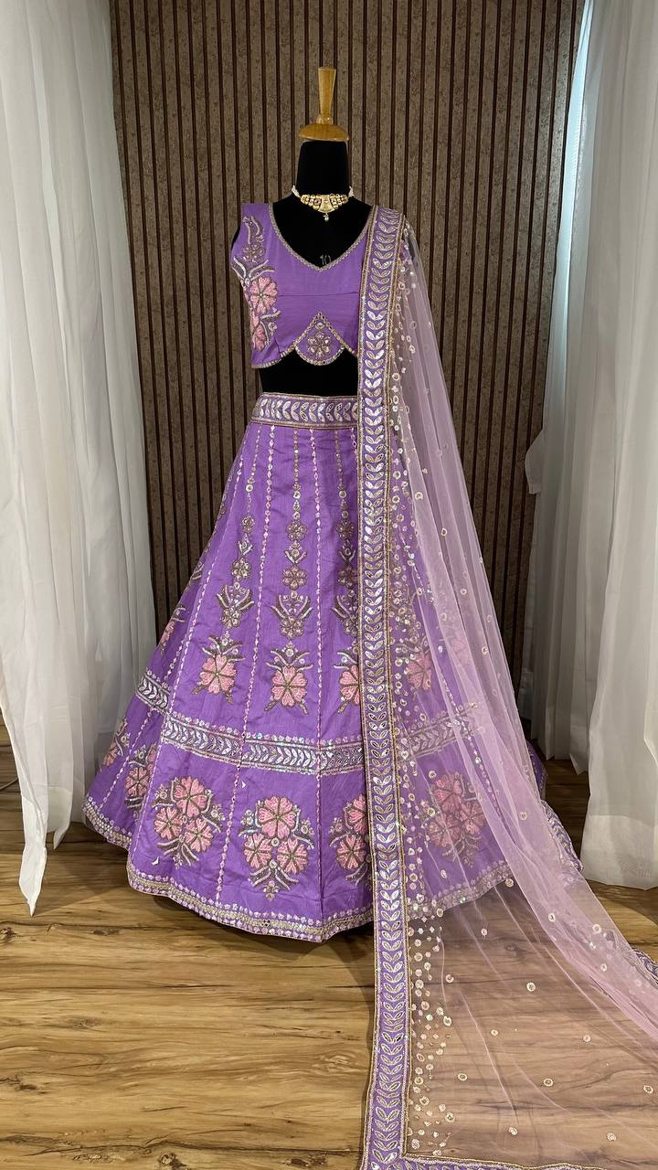 Heavy slub silk lehnga with thread dori paper & rainbow choli