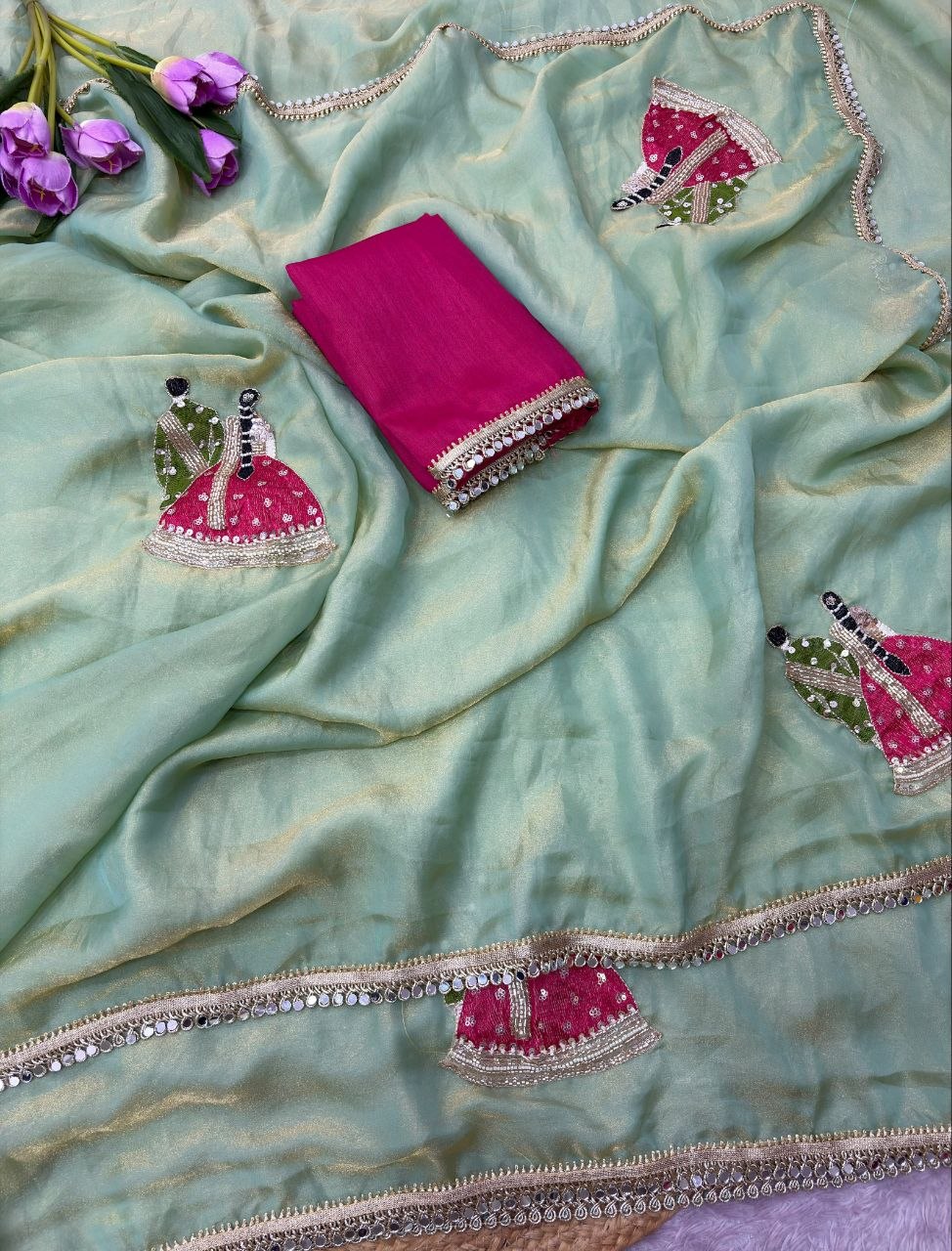 Fendy sattin two ton fully stitched Coding sequence embroidery saree