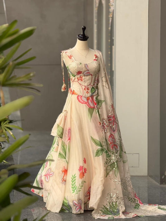 Pure Jmy Organza digital printed lehnga