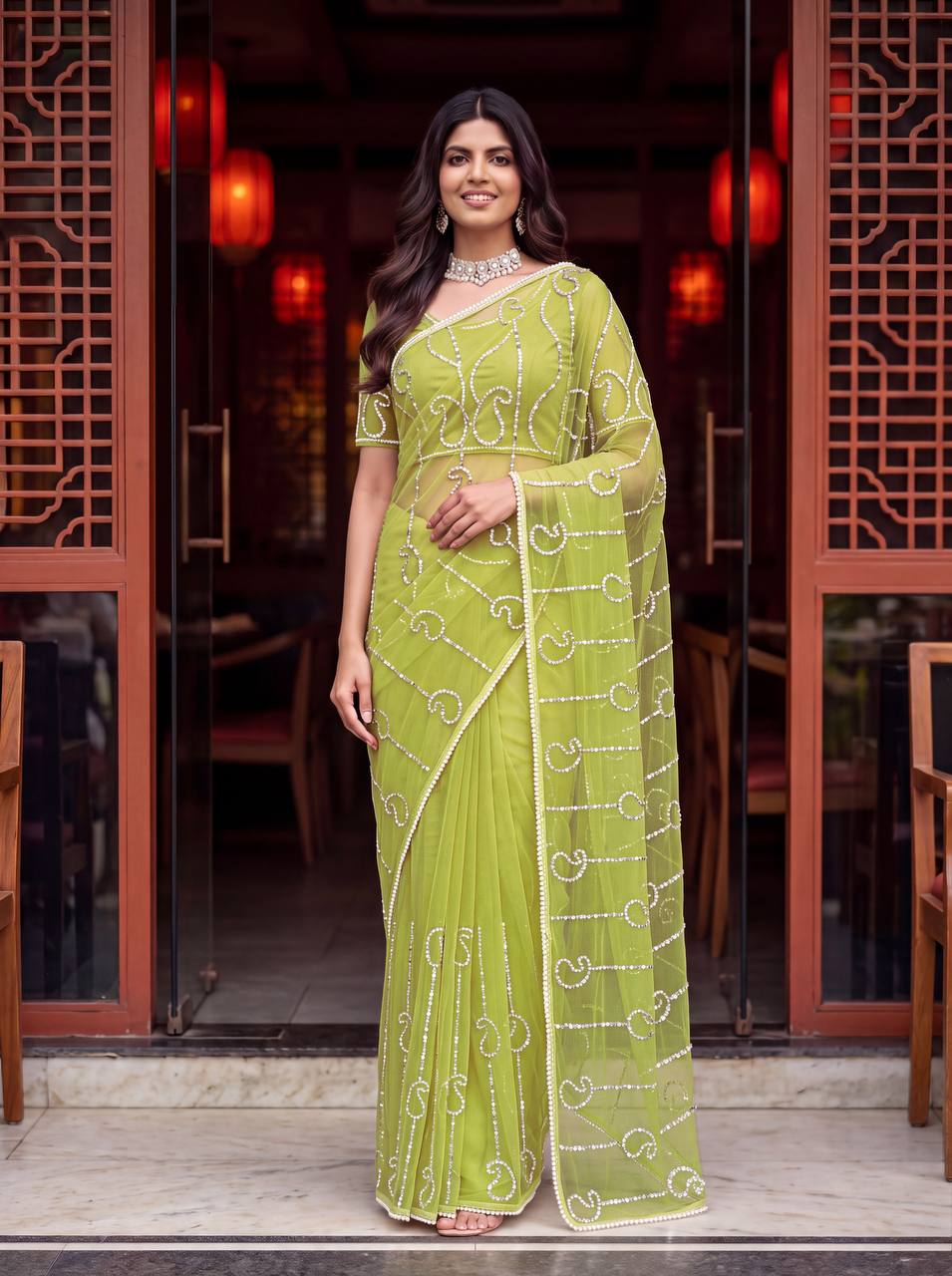 Bidds sequence pearls Embroidery Work saree