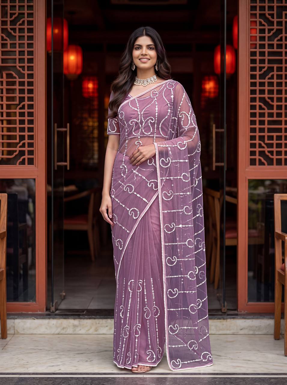 Bidds sequence pearls Embroidery Work saree
