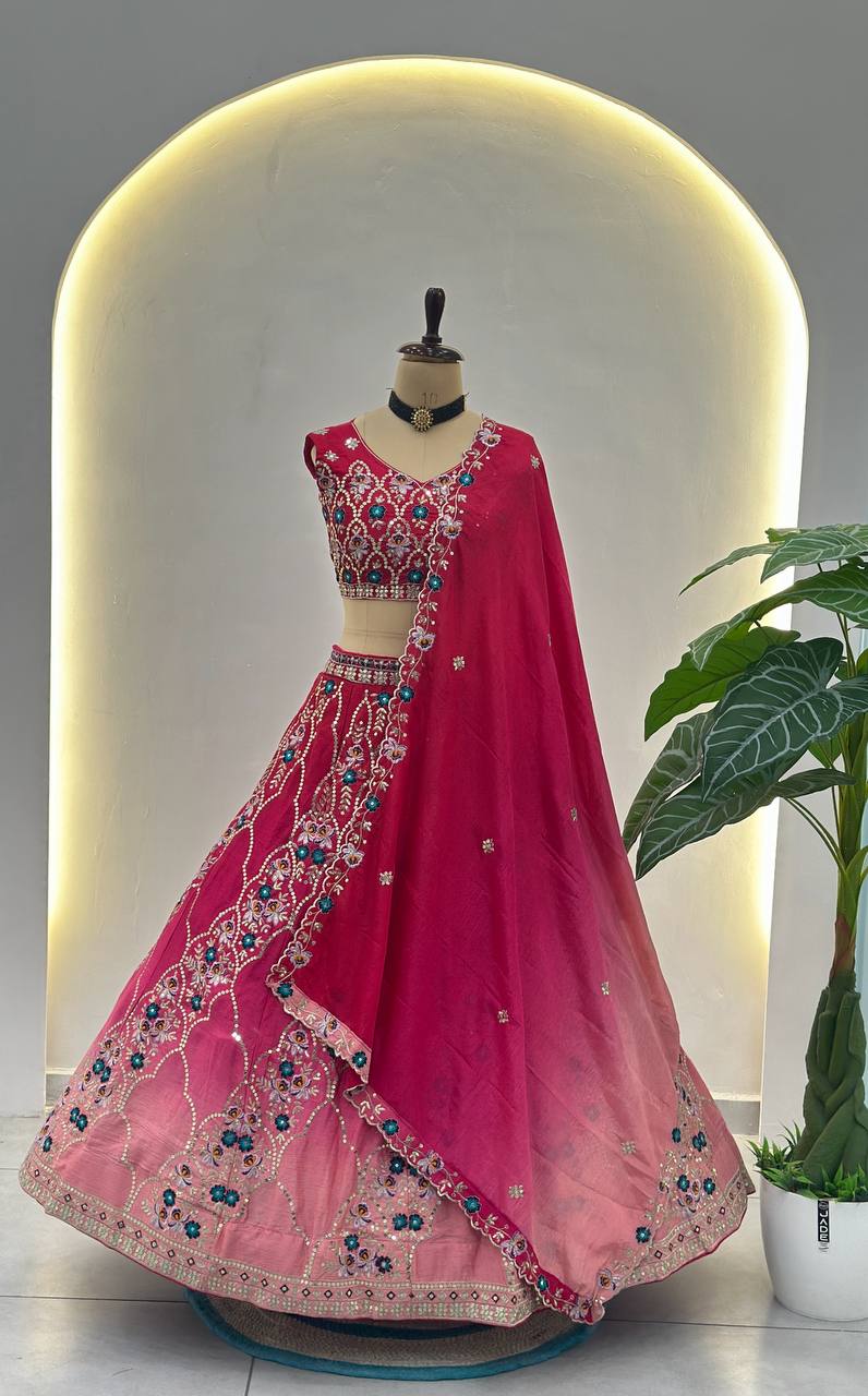 Chinon Peddling Sequins and Treads Embroidery Work Lehenga