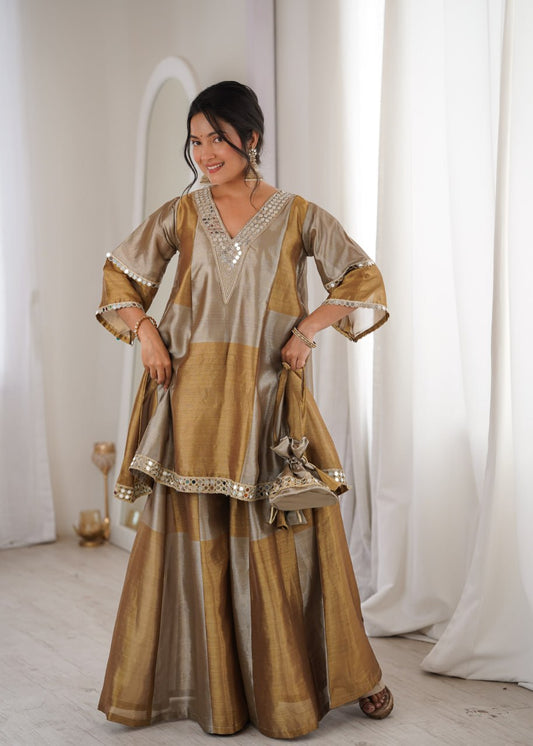 Two tone Tissue Fabric with Coding Embroidered & mirror work Lace